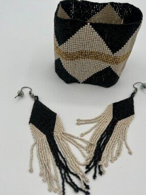 INK + ALLOY Black Ivory Gold Beaded Cuff & Fringe Earrings Set